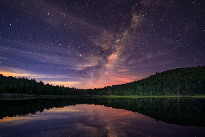 Milky Way over a forest lake reflection