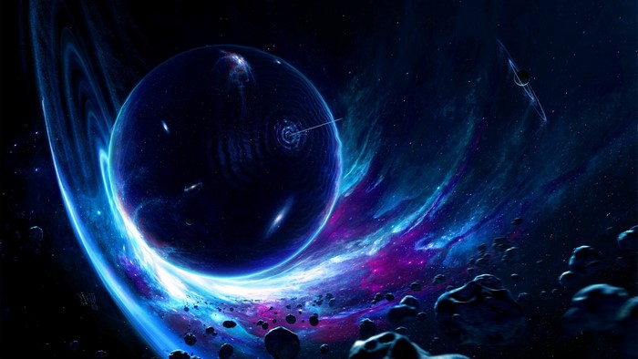 Digital art of a planet with rings and asteroids in space