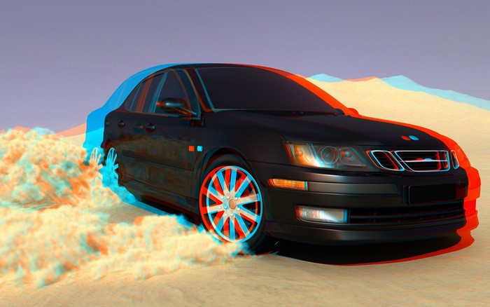 Black Saab 9-5 drifting in desert