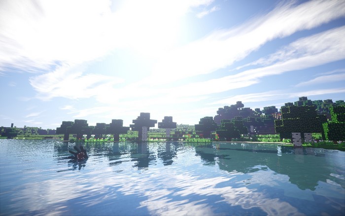 Minecraft render of a lake with trees and sky