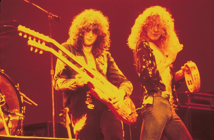 Jimmy Page and Robert Plant of Led Zeppelin performing