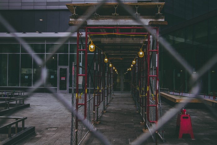 Scaffolding and lights on a city building site