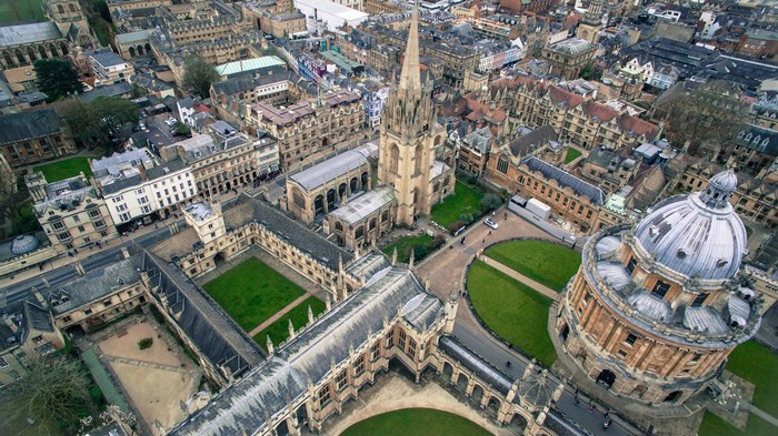 Aerial view of Oxford University buildings and Radcliffe Camera