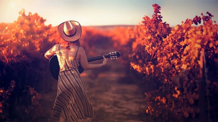 Woman in hat playing guitar in vineyard at sunset