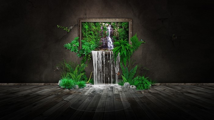 Waterfall in a frame with plants and wooden floor