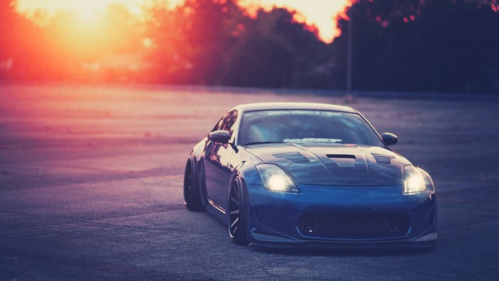 Blue Nissan 350Z at Sunset