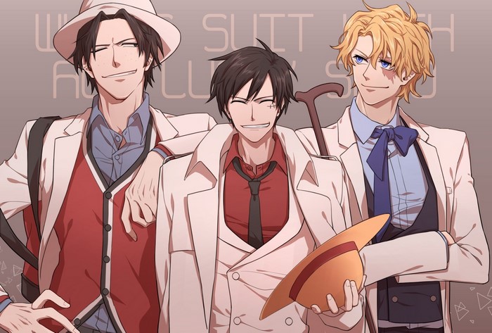 Ace, Luffy, and Sabo from One Piece in suits
