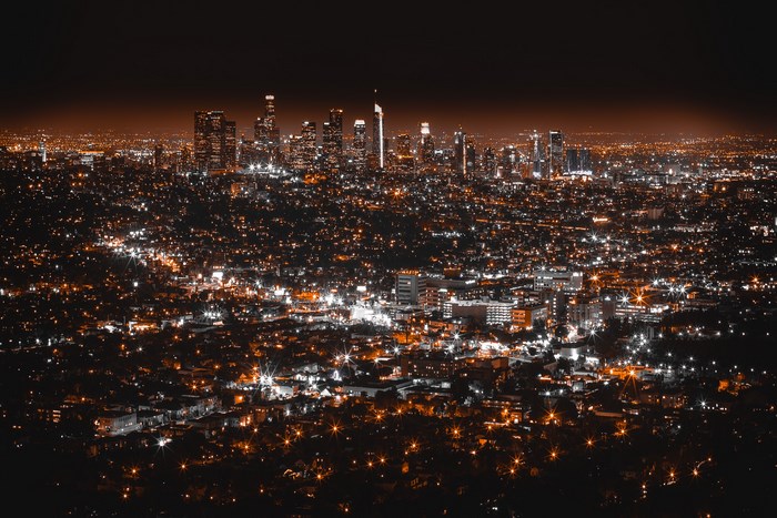 Nighttime cityscape of Los Angeles from above