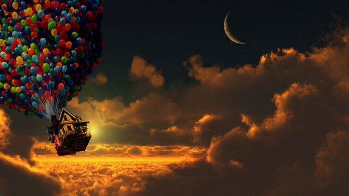 House lifted by balloons flying over clouds