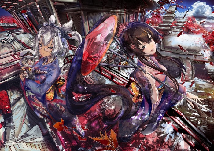 Anime girls with cat and umbrella in Japanese setting