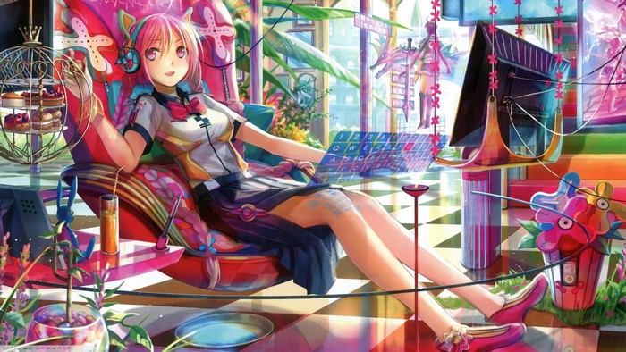 Anime girl with pink hair and headphones using technology