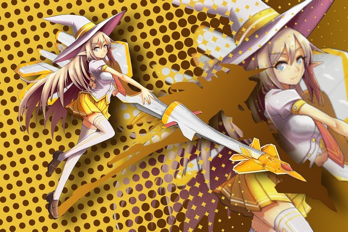 Anime girl witch with lance and jet fighter