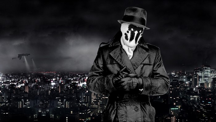 Rorschach from Watchmen in a cityscape