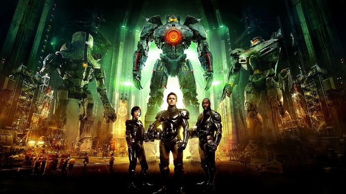 Pacific Rim movie poster with Jaegers and pilots
