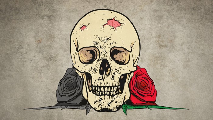 Skull with Black and Red Roses