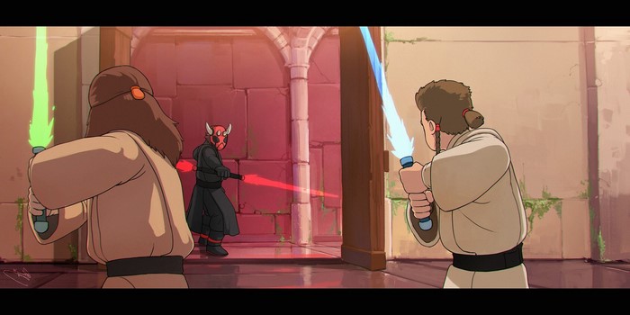 Darth Maul fights Obi-Wan Kenobi and Qui-Gon Jinn