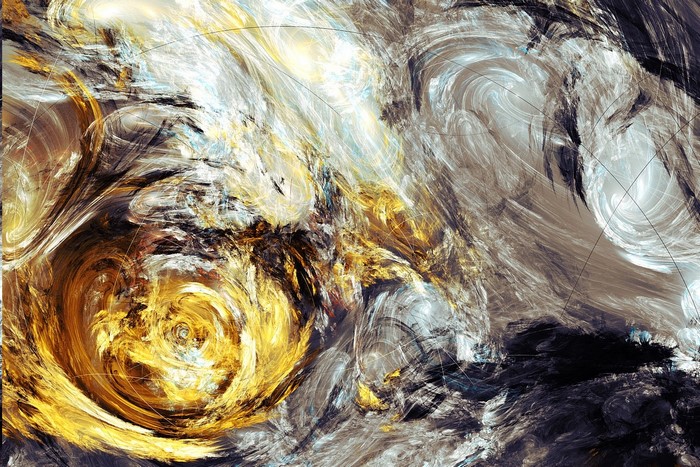Abstract painting with swirling golden and grey tones