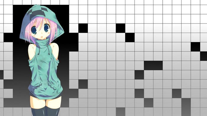 Anime girl with pink hair and Minecraft Creeper hoodie