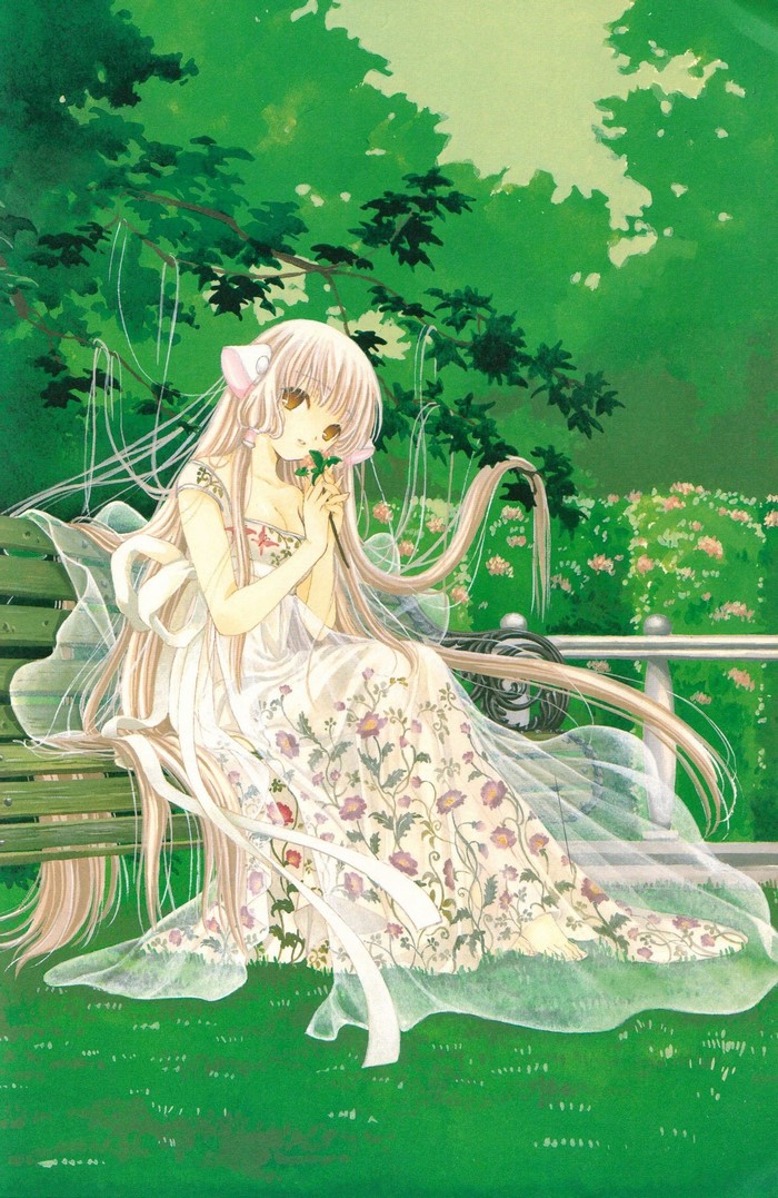 Chobits anime girl sitting on a bench
