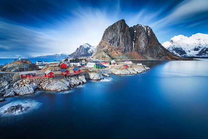 Hamnøy village with mountains and sea in Norway