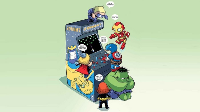 Chibi Avengers play an arcade game featuring Thanos