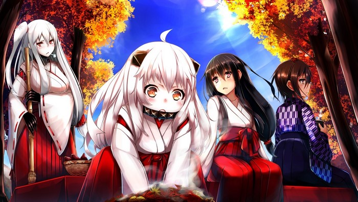 Anime girls in miko outfits in autumn forest