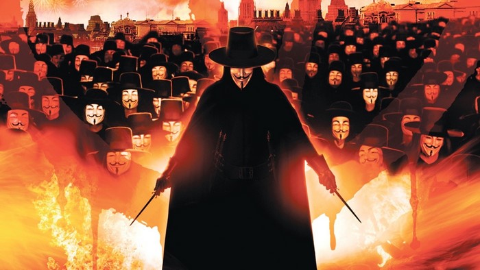 V from V for Vendetta with masked crowd