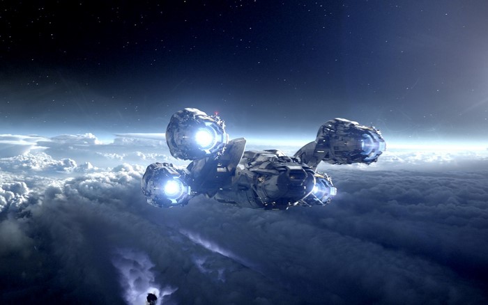 Spaceship from Prometheus flying over clouds