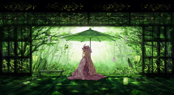 Yakumo Yukari from Touhou holding a parasol in a forest