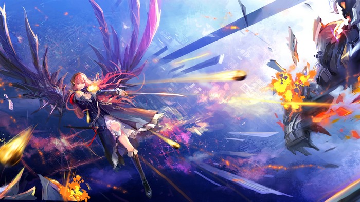 Megurine Luka with Gun Wings Amid Falling Debris