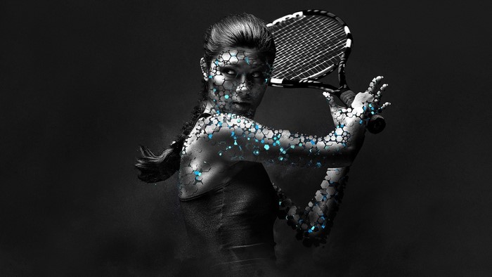 Woman with hexagonal pattern and tennis racket