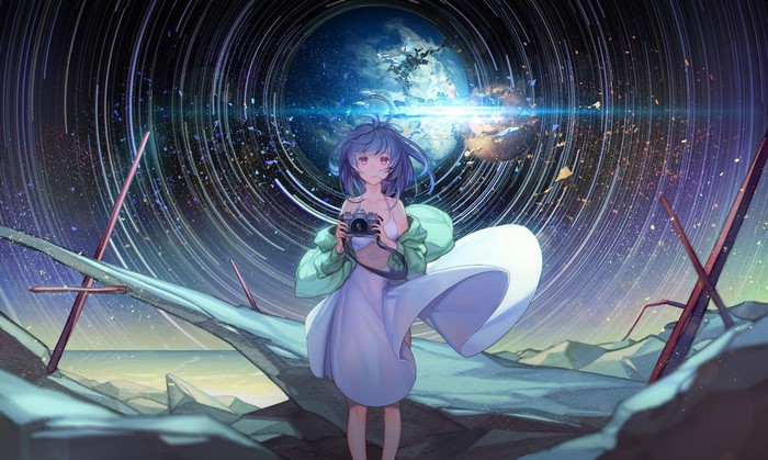 Anime Girl with Camera Under Starry Spiral Sky
