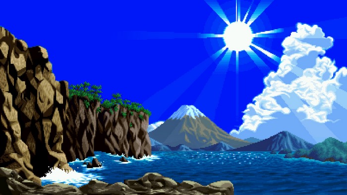 Pixel art landscape with mountains, sea, and sun