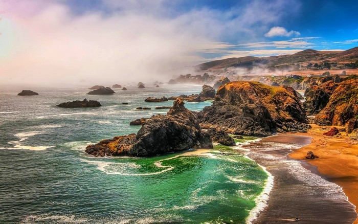 Misty California Coastal Rocks and Beach Landscape