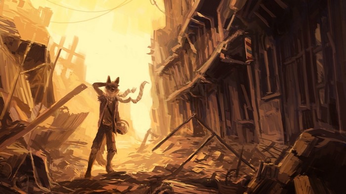 Anthro character in a post-apocalyptic city