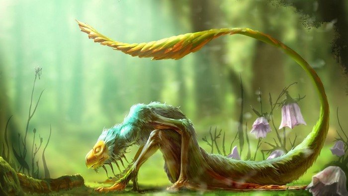 Fantasy creature in a sunlit forest