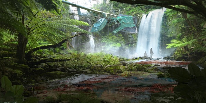 Plane crash in a jungle waterfall