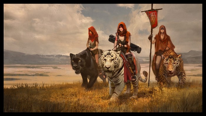 Women riding exotic big cats in a desert landscape