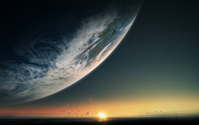 Earth from space at sunset with birds