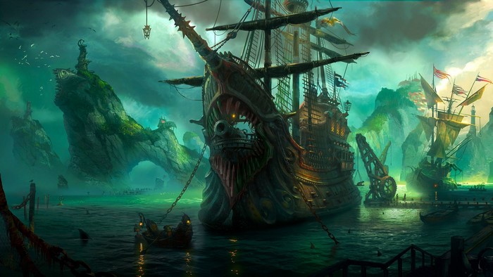 Bilgewater pirate ships in a fantasy harbor