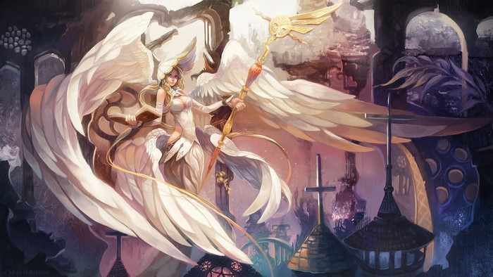 Fantasy art of an angel with wings and a staff