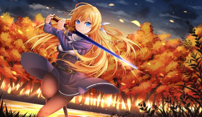 Anime girl with blonde hair and blue eyes holding a sword