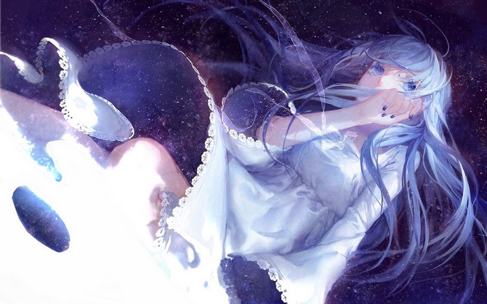 Anime girl with white hair and blue eyes in space