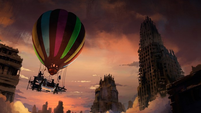 Apocalyptic city with a hot air balloon at sunset