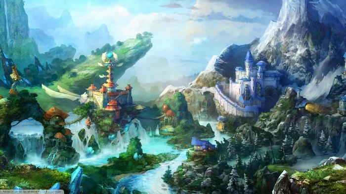 Fantasy landscape with castles and waterfalls