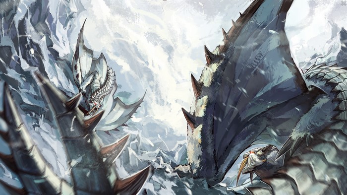 Two dragons fighting in a snowy mountain landscape