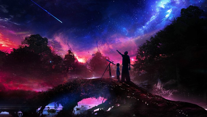 Fantasy art of a starry night sky over a forest