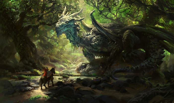 Warrior Facing Majestic Dragon in Enchanted Forest