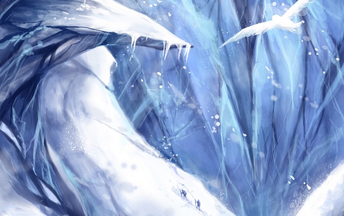 Fantasy mountain art with hikers and birds