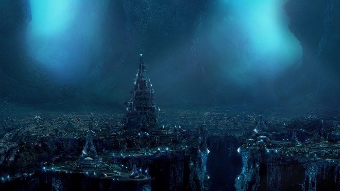 Futuristic underwater city in a cave